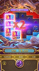 Guardians of Ice & Fire · Perhatikan teks pengali Wild x2 dan banner status kemenangan di bagian tengah.